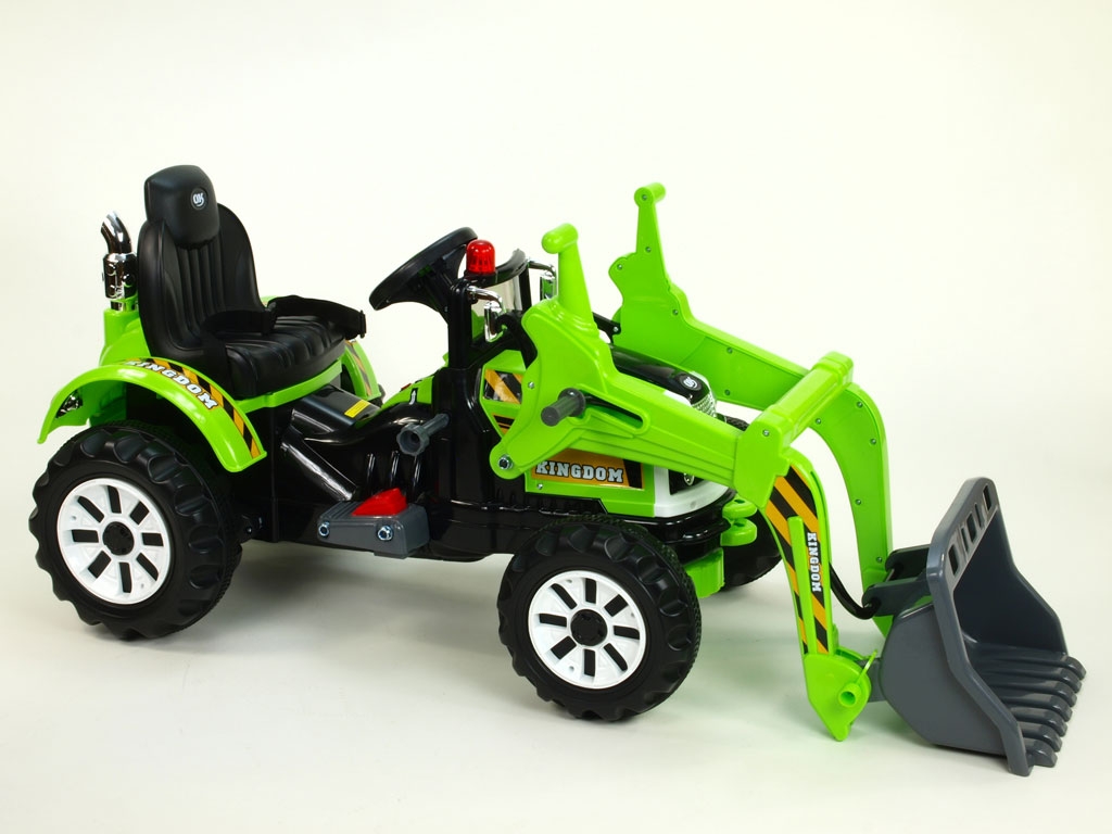 Elektrický traktor Kingdom s ovladatelnou nakládací lžící, mohutnými koly a konstrukcí, 2x motor 12V, 2x náhon, zelený