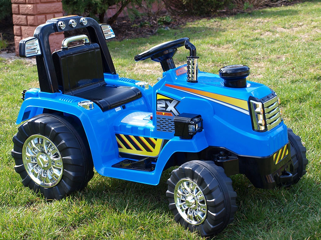 Elektrický traktor 12V, s mohutnými koly a konstrukcí, zvukovými a světelnými LED efekty, 2xnáhon, modrý