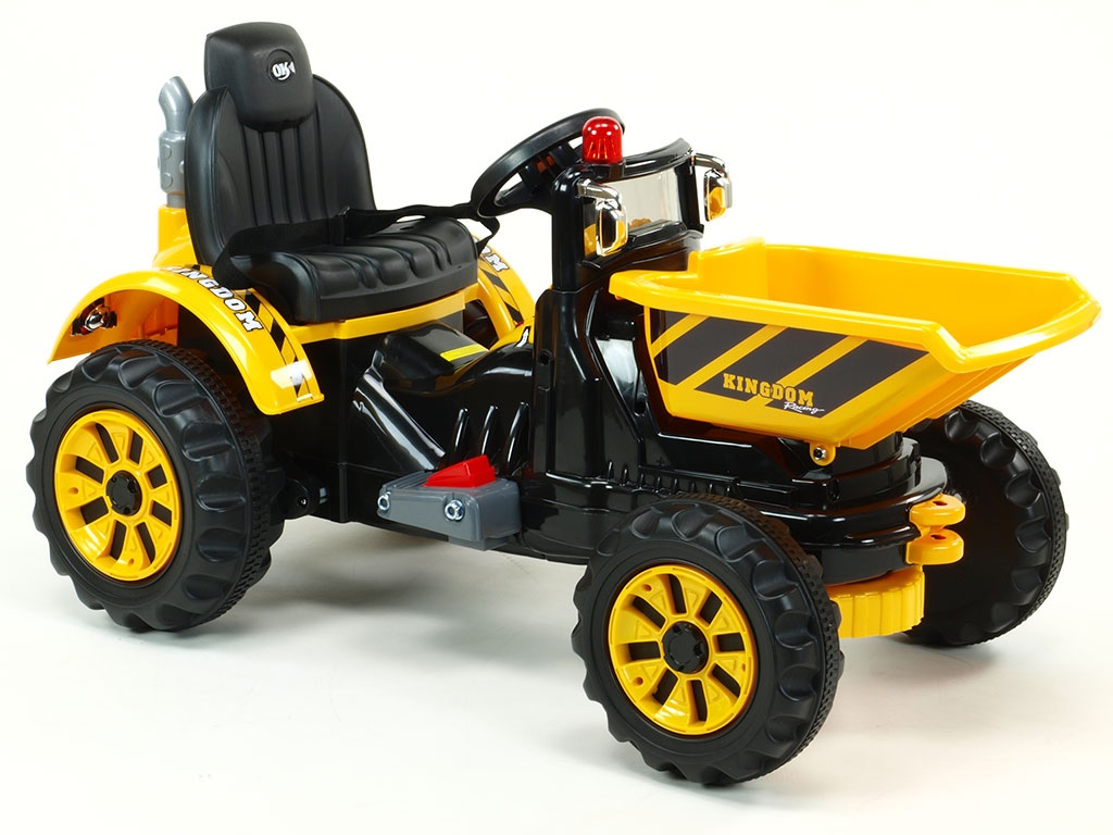 Elektrický traktor Kingdom s výklopnou korbou, mohutnými koly a konstrukcí, 2x motor 12V, 2x náhon, žlutý