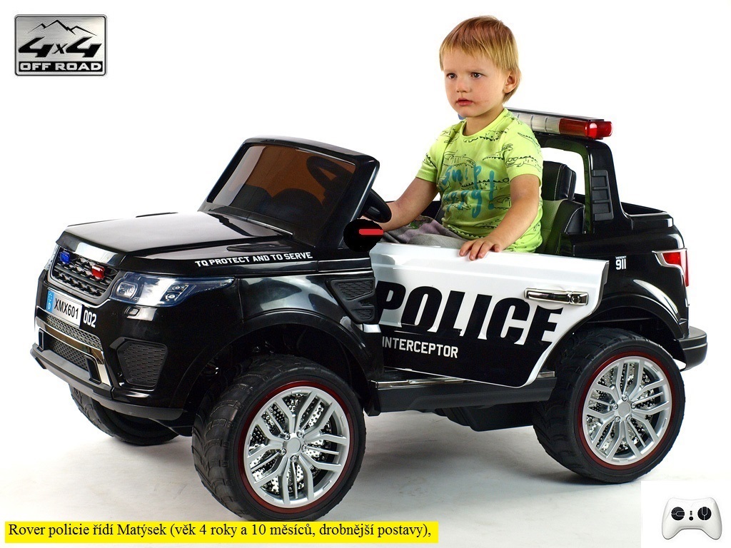 Elektrické SUV Rover policie 911 Interceptor, s 2.4G DO, 4x4, LED efekty, osvětlená kola, siréna, USB, čalouněná sedačka