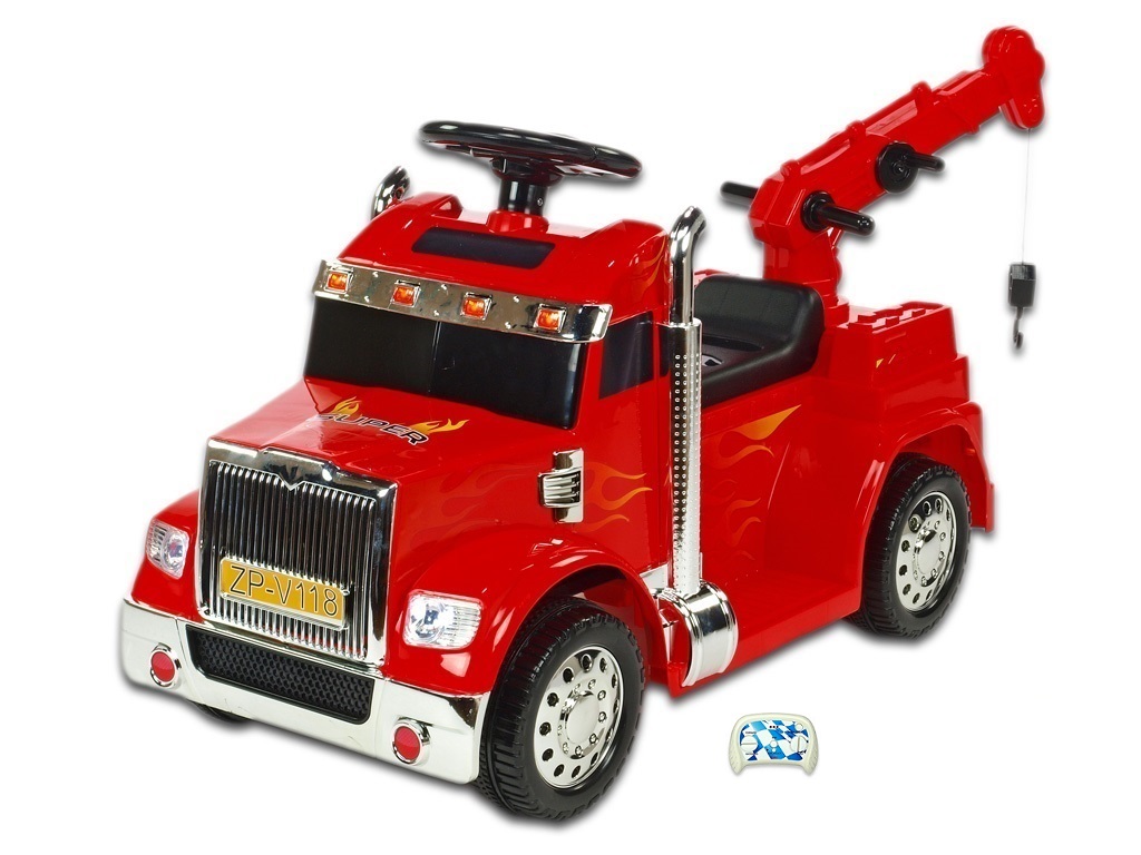 Elektrické auto náklaďáček s funkčním otočným jeřábem, 2,4G DO, voltmetrem, USB, LED osvícením, 6V, červený,