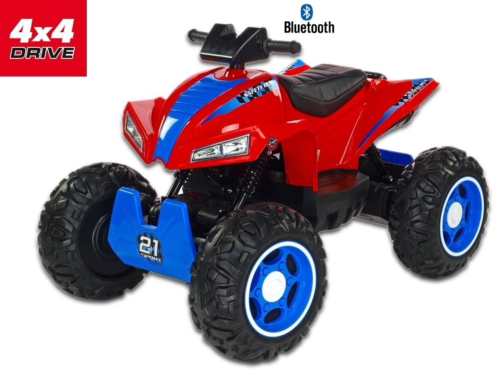 Elektrická čtyřkolka RUN21 s náhonem všech 4 EVA kol, mohutným pérováním, FM, Bluetooth, USB, voltmetrem, LED, červená,