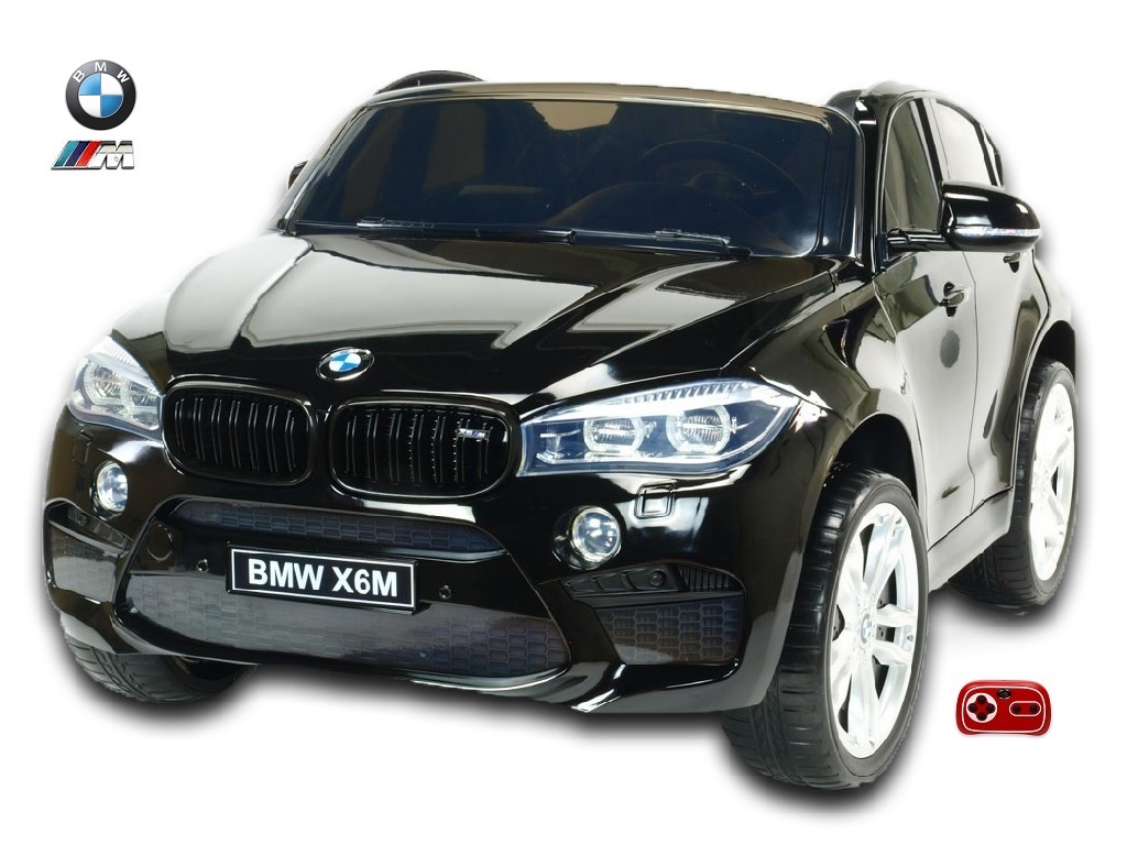 Elektrické SUV BMW X6M dvoumístné s 2,4G DO, el. brzdou, EVA koly, otvíracími dveřmi, USB, Mp3, voltmetrem, 55cm čalouněnou sedačkou, lak černé
