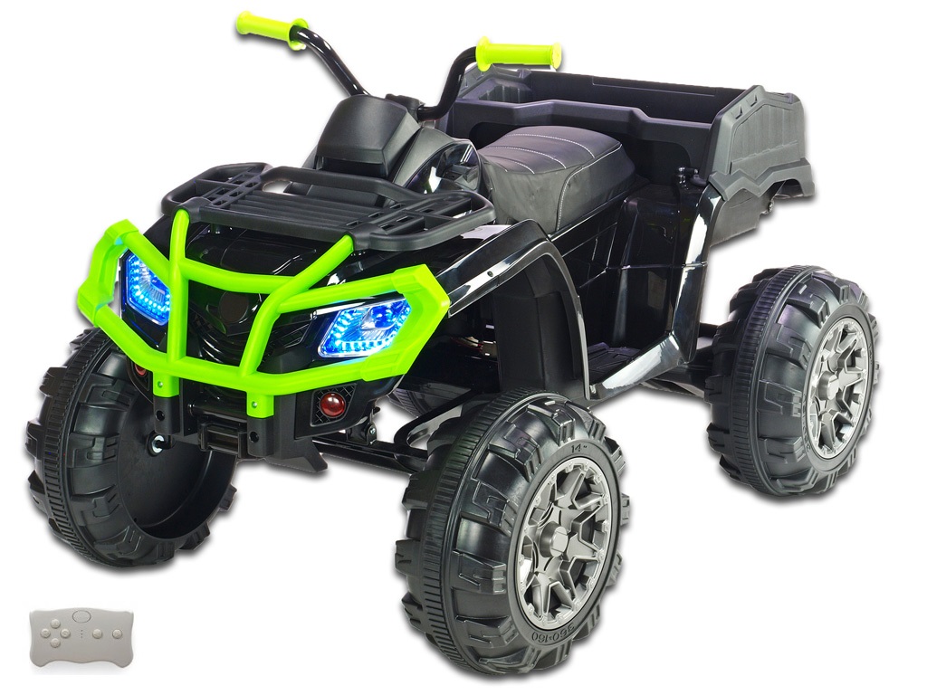 Elektrická čtyřkolka Predator XXL s 2,4G DO, výklopnou korbou, FM,USB, LED osvětlením, čalouněnou sedačkou, odpružením, 2x motor 12V, černozelená