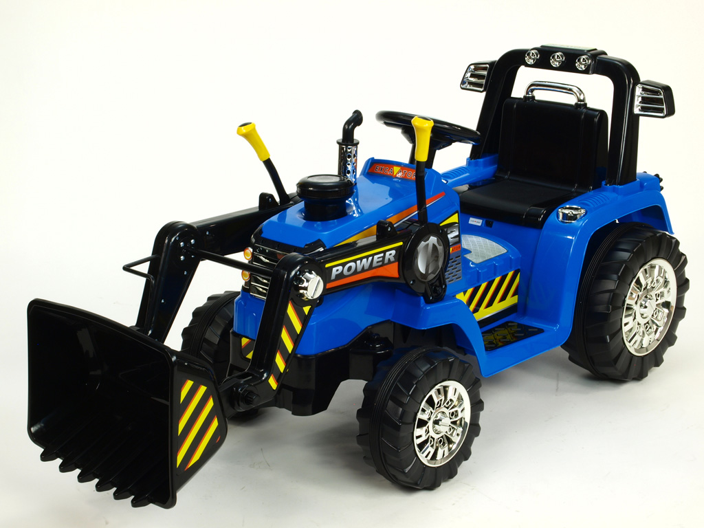 Elektrický traktor 12V s ovladatelnou lžící, mohutnými koly a konstrukcí, zvukovými a světelnými efekty, 2xnáhon, modrý