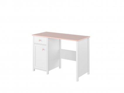 Biely písací stôl s púdrovo ružovou pracovnou doskou