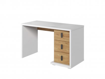 písací stôl SIMI s masívnym bielym korspusom a tromi zásuvkami vo farbe hikorového dreva