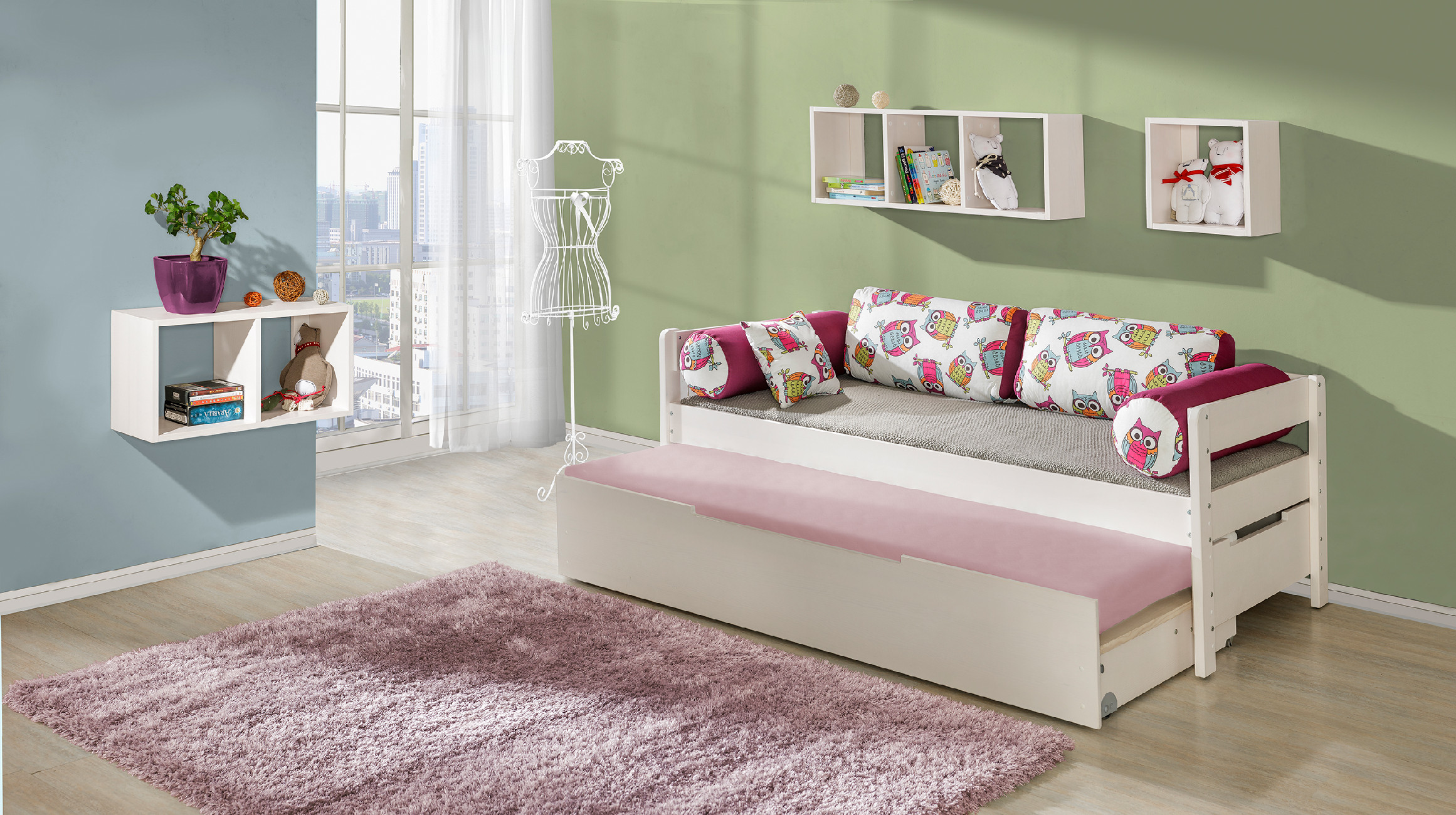DL Drevená detská posteľ s prístelkou Bela 90x200 cm Farba: Biela, Motív: Sova