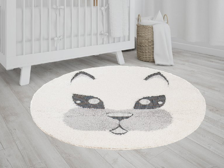 TA Biely okrúhly koberec do detskej izby Mačka 120 cm