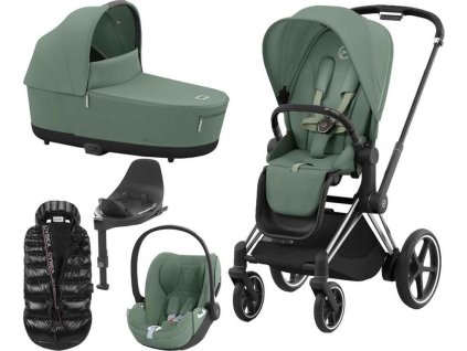 Kočárek CYBEX Set e-Priam Chrome Black Seat Pack 2024 včetně Cloud T i-Size PLUS a báze + ZDARMA Zimní fusak, leaf green  + ZDARMA Zimní fusak