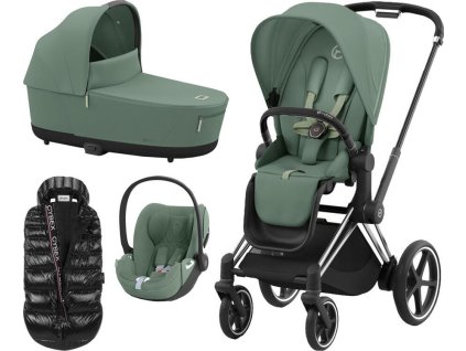 Kočárek CYBEX Set e-Priam Chrome Black Seat Pack 2024 včetně Cloud T i-Size PLUS + ZDARMA Zimní fusak, leaf green  + ZDARMA Zimní fusak