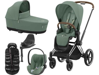 Kočárek CYBEX Set Priam Chrome Brown Seat Pack 2024 včetně Cloud T i-Size PLUS a báze T + ZDARMA Zimní fusak, leaf green  + ZDARMA Zimní fusak