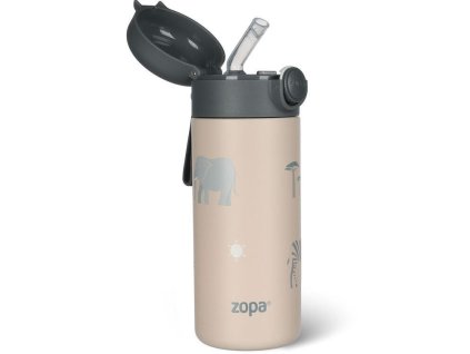 Termoska na tekutiny ZOPA se silikonovým držákem a pítkem 350 ml 2025, safari