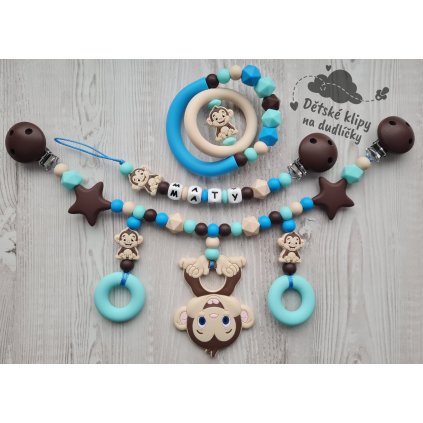 3 dílný set béžová opička v kombinaci modré, ledové a hnědé