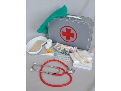 Doktorský šedý kufřík vybavený s funkčním stetoskopem - červený