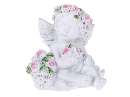 Polyresinový anděl s růžovými květy REB051