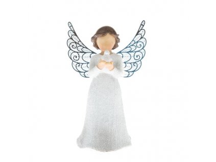 Polyresinový anděl s ptáčkem s kovovými křídly AND22113