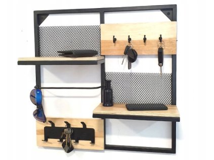 Dřevěná nástěnná polička organizér 13.5x55.5x55.5cm kovová (2)