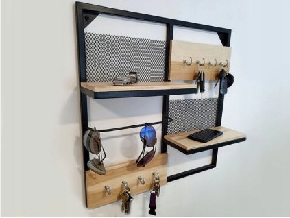 Dřevěná nástěnná polička organizér 13.5x55.5x55.5cm stříbrné háčky (1)