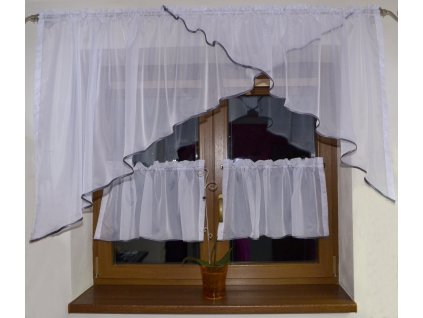 Voálová Záclona Rozálie bílá s šedým lemováním a záclonkami 300x150cm