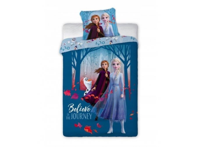 Bavlnené detské licenčné obliečky Frozen Elsa a Anna Believe in the journey 140x200cm / 70x90cm modré
