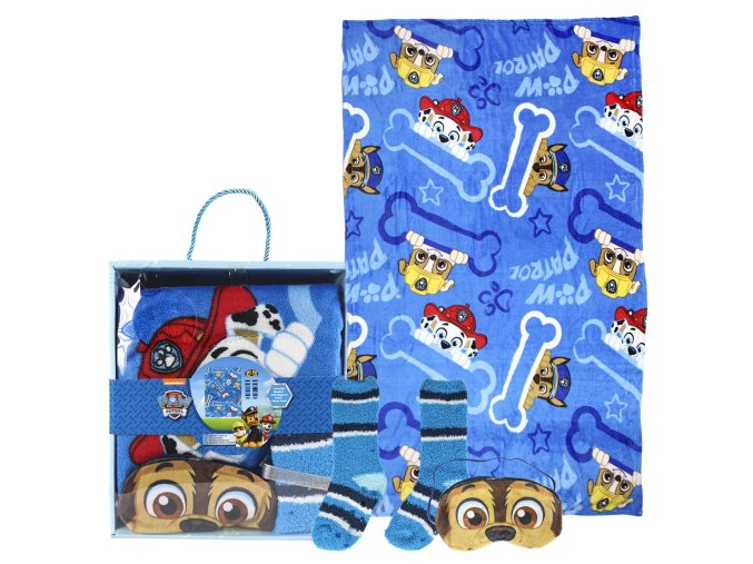 Deka / prikrývka Paw patrol Psie patrola 100x150cm modrá + ponožky a maska na oči