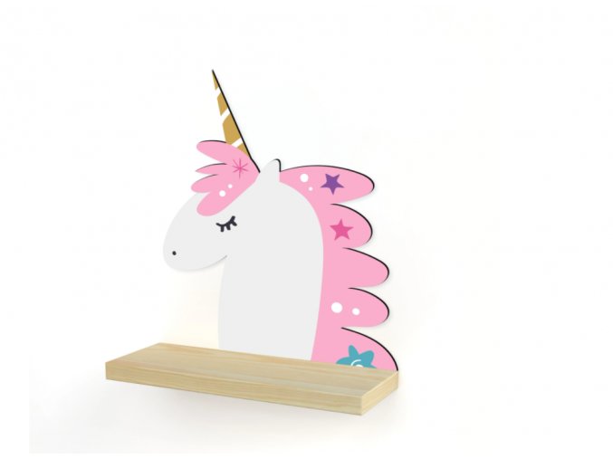 Nástěnná dřevěná polička jednorožec unicorn 41cm x 31,5cm x 11,5cm přírodní dřevo