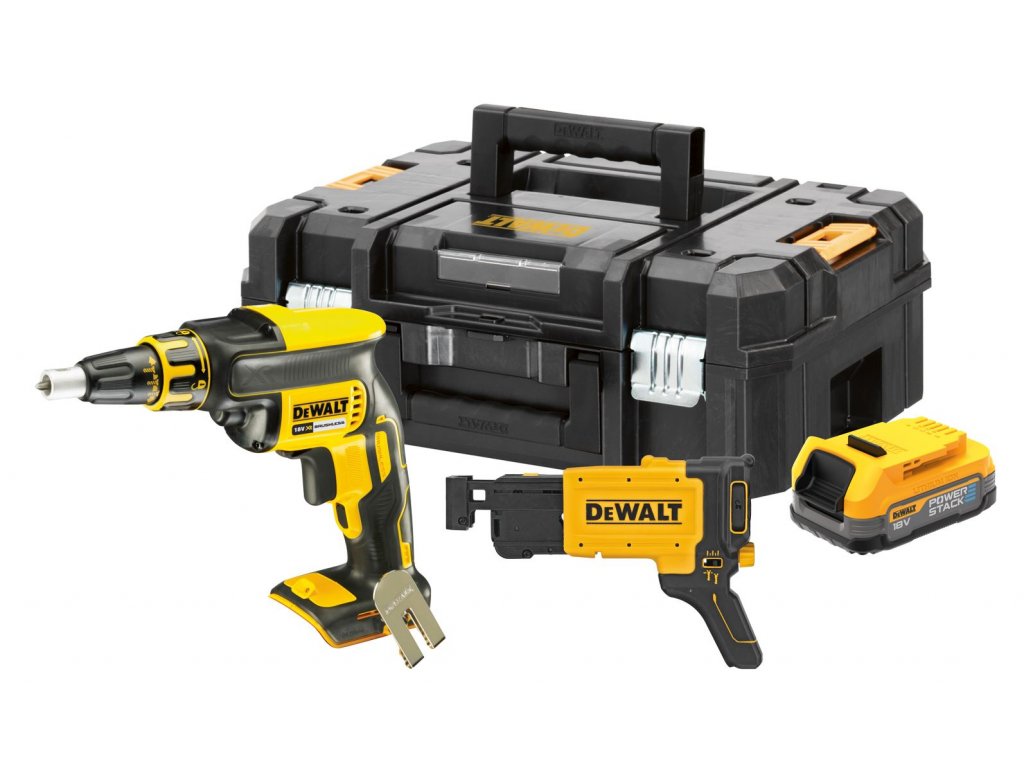 DCF620E1K DEWALT 18V AKU SÁDROKARTONÁŘSKÝ ŠROUBOVÁK S PODAVAČEM VRUTŮ, 1 X  1,7 AH BATERIE POWERSTACK, BEZ NABÍJEČKY, KUFR T-STAK - Dewalt-morava.cz