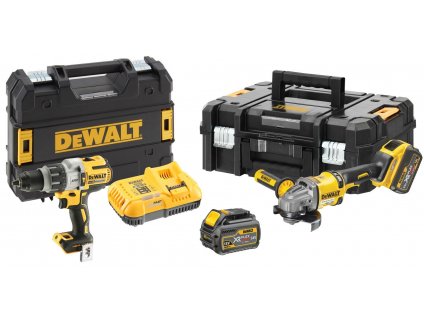 DCK2055T2T DEWALT AKU KOMBO SET AKU ÚHLOVÁ BRUSKA 54VOLT 125MM A AKU PŘÍKLEPOVÁ VRTAČKA 18VOLT, 2x 6,0Ah BATERIE 54 / 18 VOLT, NABÍJEČKA KUFRY T-STAK