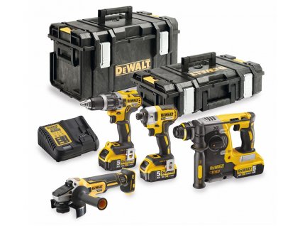 DCK422P3 DEWALT 18VOLT AKU KOMBO SADA NÁŘADÍ 4KS, ÚHLOVÁ BRUSKA, KOMBI KLADIVO, PŘÍKLEPOVÁ VRTAČKA, 1/4" RÁZ. UTAHOVÁK, A 3 X 5,0Ah AKU, 2X  KUFR THOUGH BOX