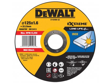 DT43906 DEWALT ŘEZNÝ KOTOUČ NA ŘEZÁNÍ NEREZOVÉ OCELI - PLOCHÝ 125 X 22,3 X 1,6MM