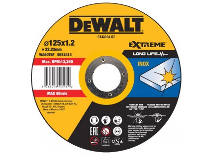 DT43904 DEWALT ŘEZNÝ KOTOUČ 125 X 22,3 X 1,2 MM EXTREME PRO UHLOVOU BRUSKU NA NEREZ