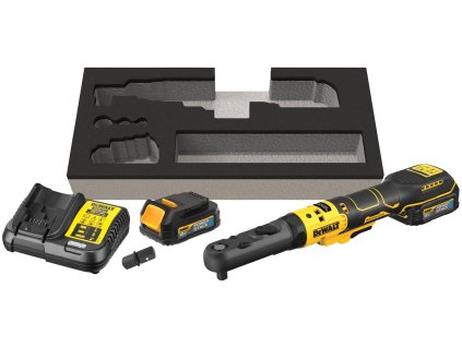 DCF510E2G DEWALT 18V AKU BEZUHLÍKOVÁ RÁČNA 3/8" A 1/2" S ČTVERCOVOU VÝMĚNNOU HLAVOU, 2 X BATERIE 1,7 AH, NABÍJEČKA, KARTONOVÁ KRABICE
