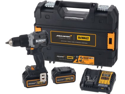 DCD85MP2T-QW DEWALT MCLAREN 18V AKU BEZUHLÍKOVÁ PŘÍKLEPOVÁ VRTAČKA, 2 X 5,0 AH, NABÍJEČKA, KUFR T-STAK