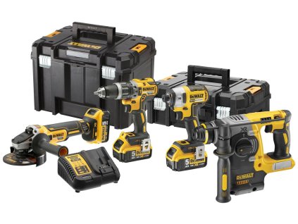 DCK422P3T DEWALT 18VOLT AKU KOMBO SADA NÁŘADÍ 4KS, ÚHLOVÁ BRUSKA, KOMBI KLADIVO, PŘÍKLEPOVÁ VRTAČKA, 1/4" RÁZ. UTAHOVÁK, A 3 X 5,0Ah AKU, 2X  T-STAK KUFR