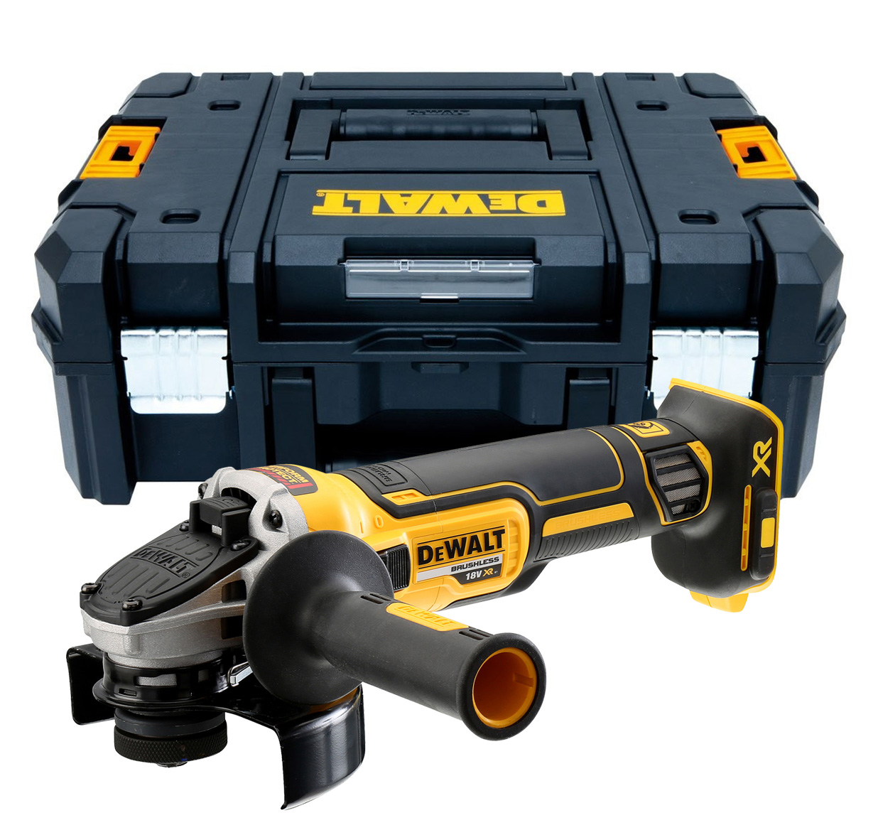 DCG405NT DEWALT AKU 18V BEZUHLÍKOVÁ 125MM ÚHLOVÁ BRUSKA BEZ BATERIE A NABÍJEČKY, V KUFRU T-STAK
