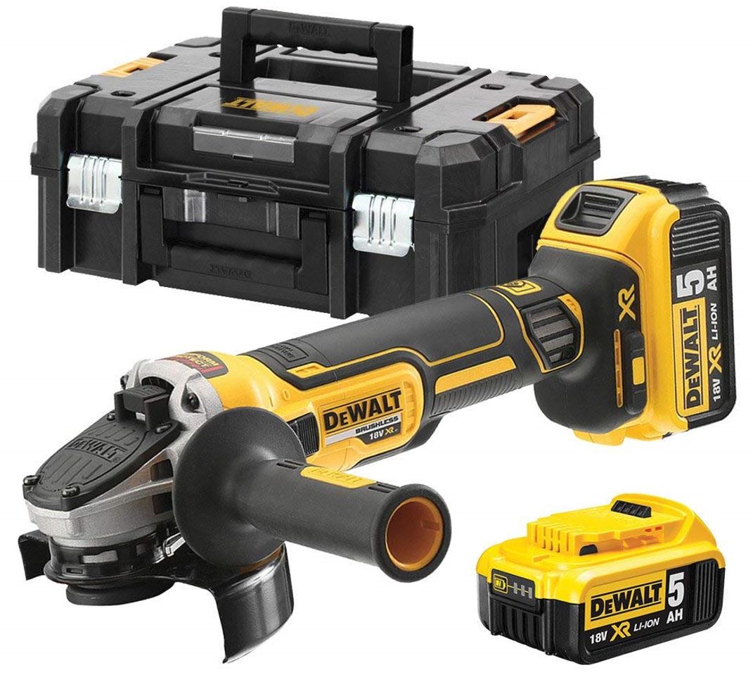 DCG405P2 DEWALT 18 VOLT AKU BEZUHLÍKOVÁ 125MM ÚHLOVÁ BRUSKA, 2X BATERIE XR LI-ION 5,0 AH, NABÍJEČKA, V KUFRU T-STAK