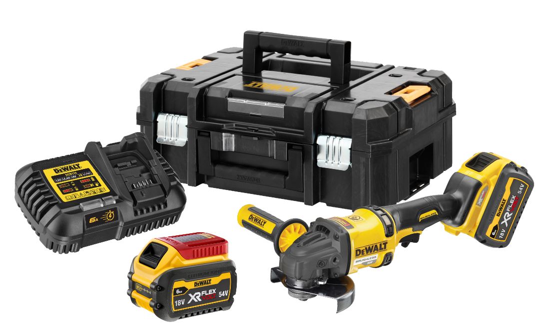 DCG418T2 DeWALT 54 V XR AKU ÚHLOVÁ BRUSKA 125MM, 2300W, 2x 6,0AH AKU XR FLEXVOLT Li-ION 54/18VOLT, KUFR T-STAK