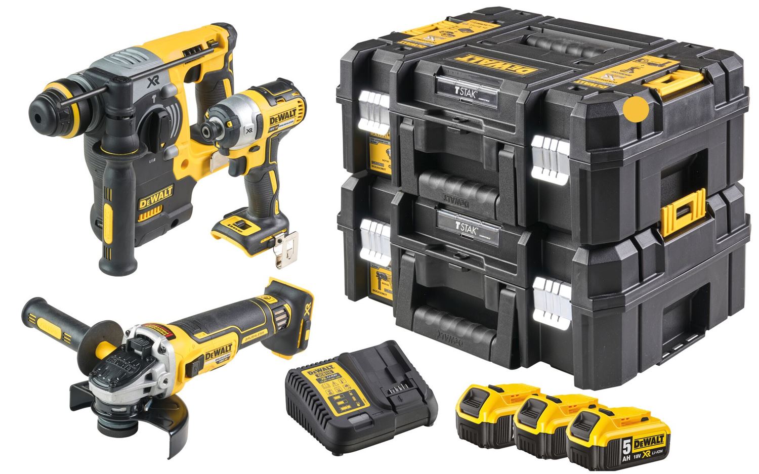 DCK305P3T DEWALT 18 V AKU BEZUHLÍKOVÁ KOMBO SADA KOMBI KLADIVO SDS PLUS DCH273 A ÚHLOVÁ BRUSKA 125mm DCG405, 3 X 5,0AH AKU, NABÍJEČKA, KUFR T-STAK