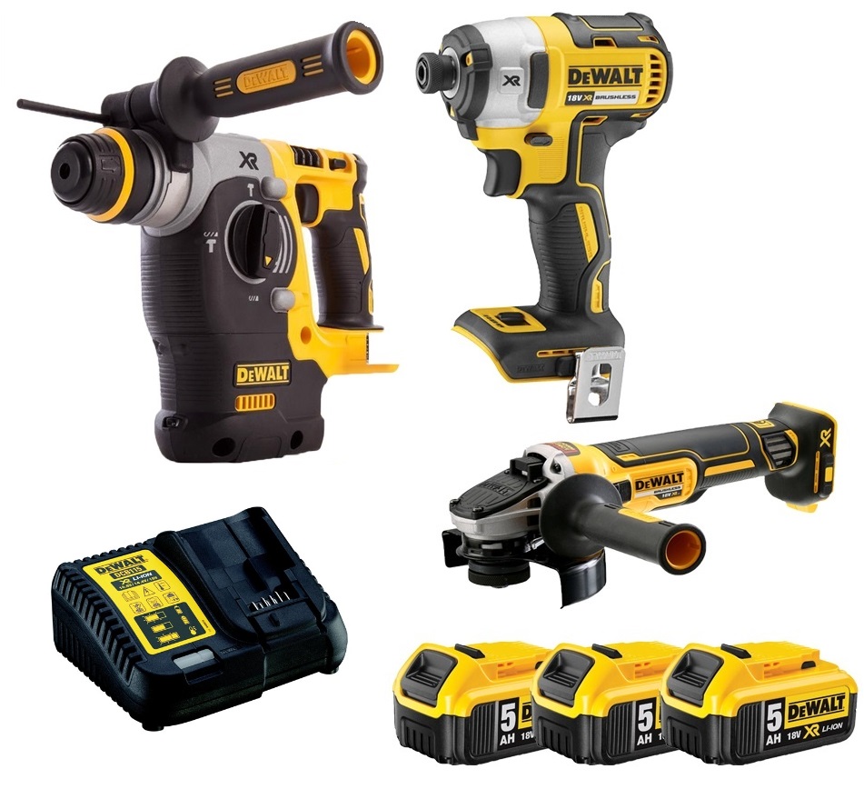 DCK305P3T DEWALT 18 VOLT AKU BEZUHLÍKOVÁ KOMBO SADA KOMBI KLADIVO SDS PLUS DCH273 A ÚHLOVÁ BRUSKA 125mm DCG405, 3 X 5,0AH AKU, NABÍJEČKA, KUFR T-STAK