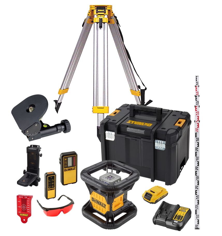 DCK374D1R DEWALT SADA ROTAČNÍHO, ČERVENÉHO LASERU 360° SAMONIVELACE, 1X 2,0aH BATERIE, STATIV, MĚŘÍCÍ TYČ A DALŠÍ PŘÍSLUŠENSTVÍ,