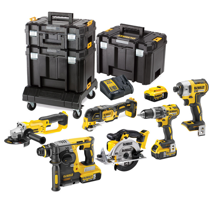 DCK654P3T DEWALT 18VOLT AKU KOMBO SADA 6KS NÁŘADÍ, BATERIE 3 X 5,0 AH XR LI-ION, NABÍJEČKA, 3 X KUFR T-STAK, PODVOZEK