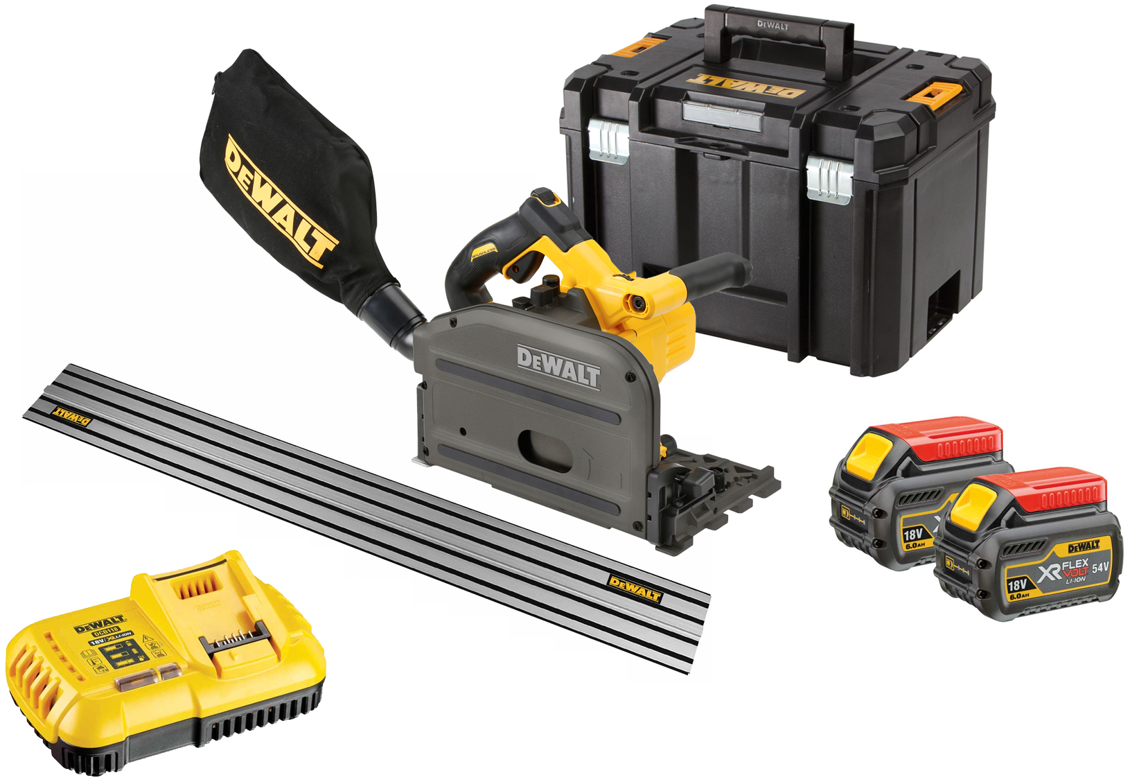 DCS520T2R DeWALT 54VOLT FLEXVOLT AKU PONORNÁ PILA + 1,5 M VODÍCÍ LIŠTA, 2 X 6,0AH AKU FLEXVOLT 54/18VOLT, NABÍJEČKA, KUFR