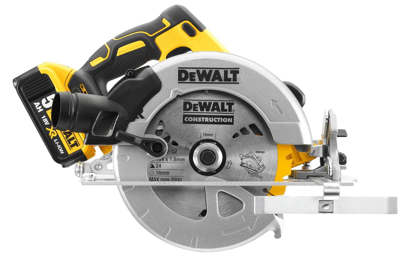 DCS570P2 DEWALT 18VOLT AKU BEZUHLÍKOVÁ KOTOUČOVÁ PILA 18VOLT , 184mm PRŮMĚR KOTOUČE, 2 x 5,0Ah, KUFR T-STAK