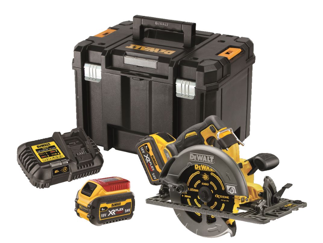 DCS579T2 DEWALT 54VOLT FLEXVOLT AKU KOTOUČOVÁ PILA 190MM, ZÁKLADNA NA VODÍCÍ LIŠTY, 2X 6,0AH AKU XR LI-ION 54/18VOLT, NABÍJEČKA, KUFR T-STAK