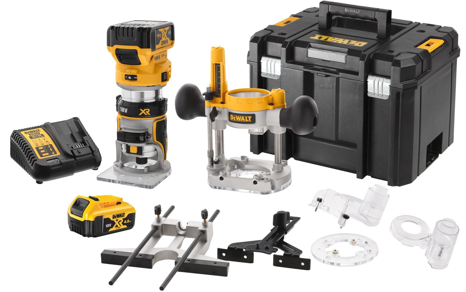 DCW604P2 DEWALT 18V BEZUHLÍKOVÁ KOMBINOVANÁ FRÉZKA 8MM, 2 X 5,0 AH, NABÍJEČKA, KUFR T-STAK, 2,9KG