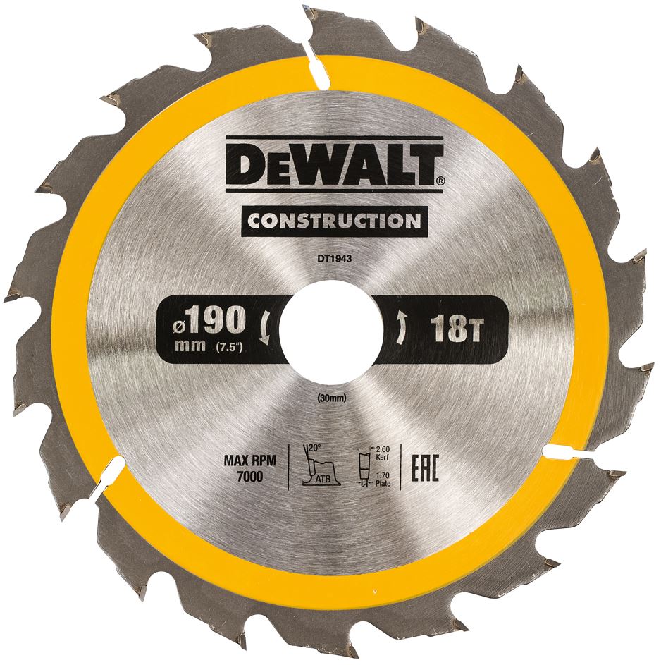 DT1943 DeWALT Pilový kotouč pro kot. pily 190x30mm, 18 zub. ATB 20°, rychlý podélný řez, šířka 1,7mm