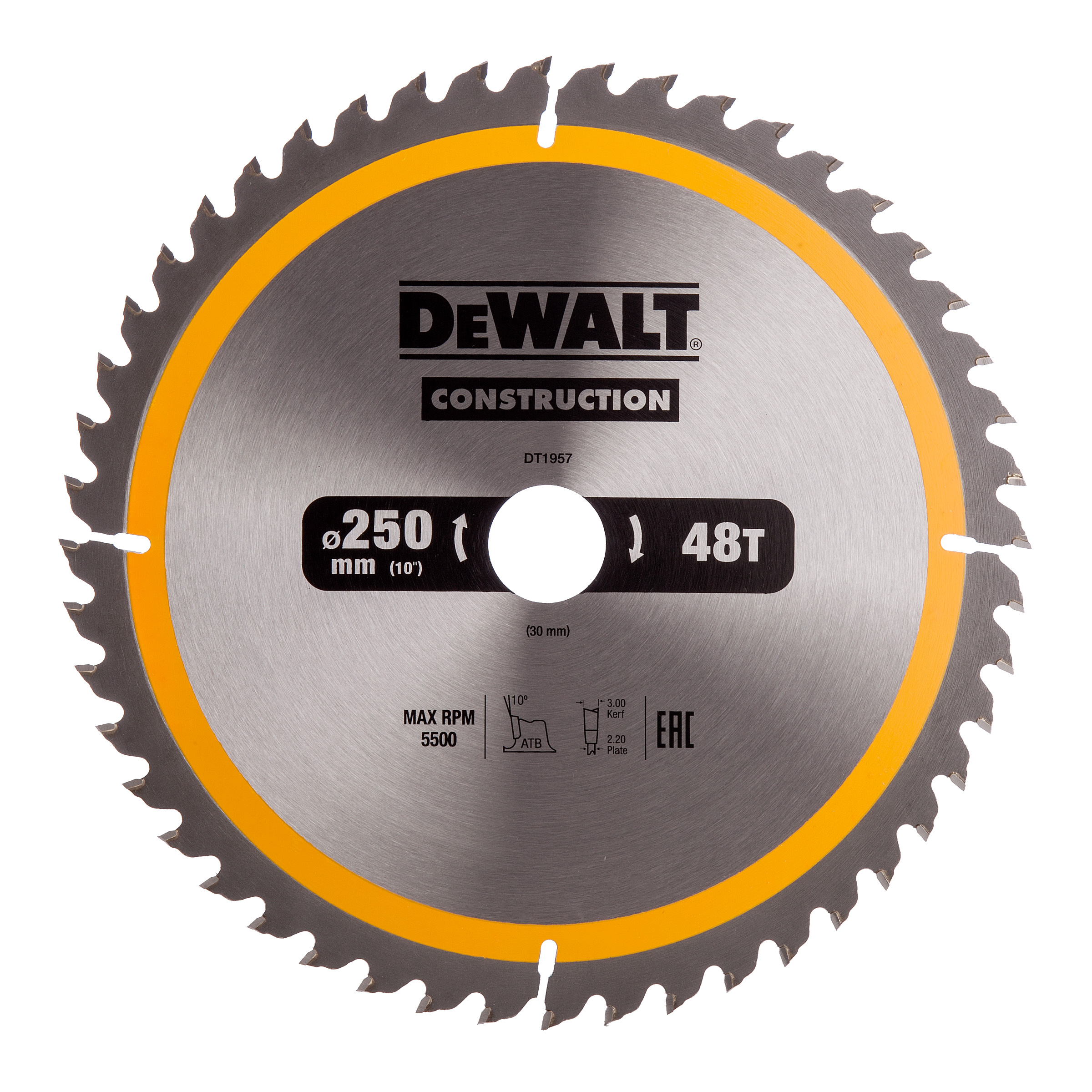 DT1957 DeWALT Pilový kotouč pro stacionární kotoučové pily 250x30mm 48zubů, ATB 10°, univerzální řez