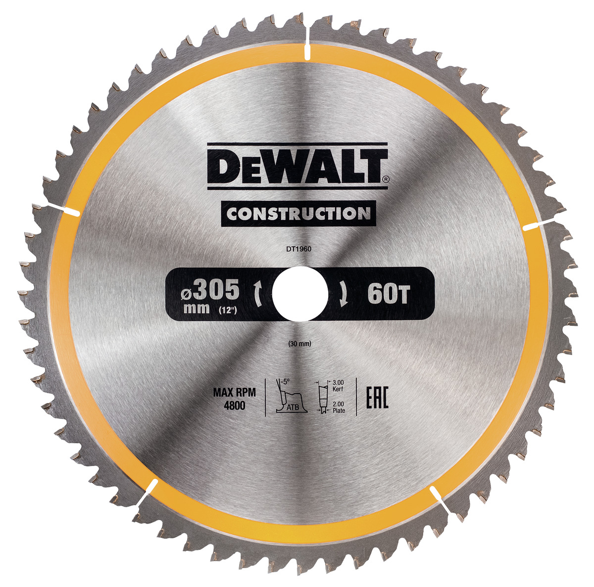 DT1960 DEWALT PILOVÝ KOTOUČ 305x30MM, 60ZUBŮ, ÚHEL BROUŠENÍ ZUBU ATB -5°