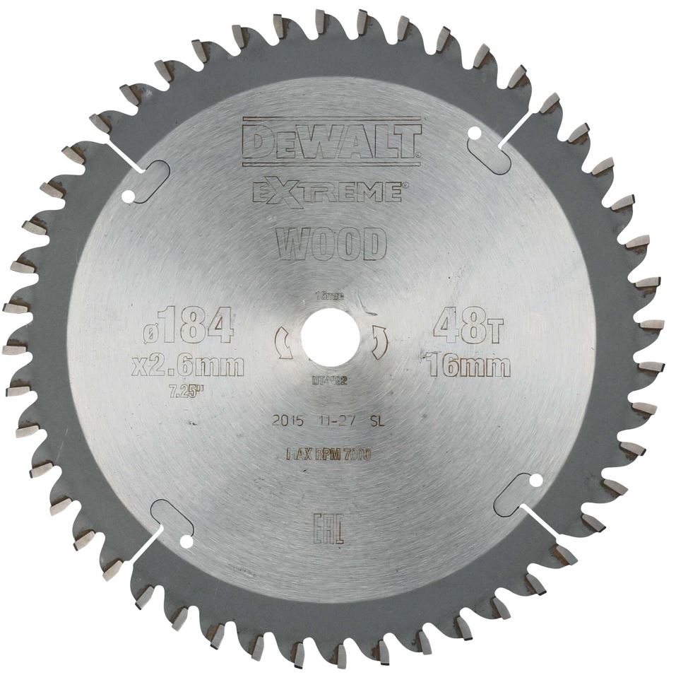DT4092 Pilový kotouč DeWALT 184x16mm, 48zubů, TCG -5° pro řezání dýhy, laminátu a hliníku